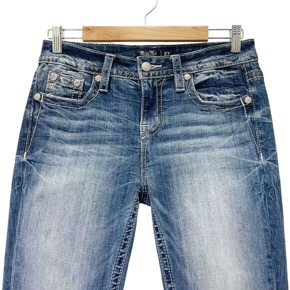 Miss Me Pearl & Feather Border Mid Rise Capri Jeans Cropped Straight Leg Size 27 - Picture 5 of 13